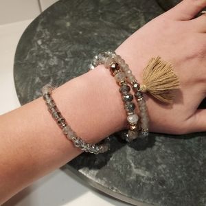 3 Beaded Bracelet Set Gray Shiny Glam Tassel Party